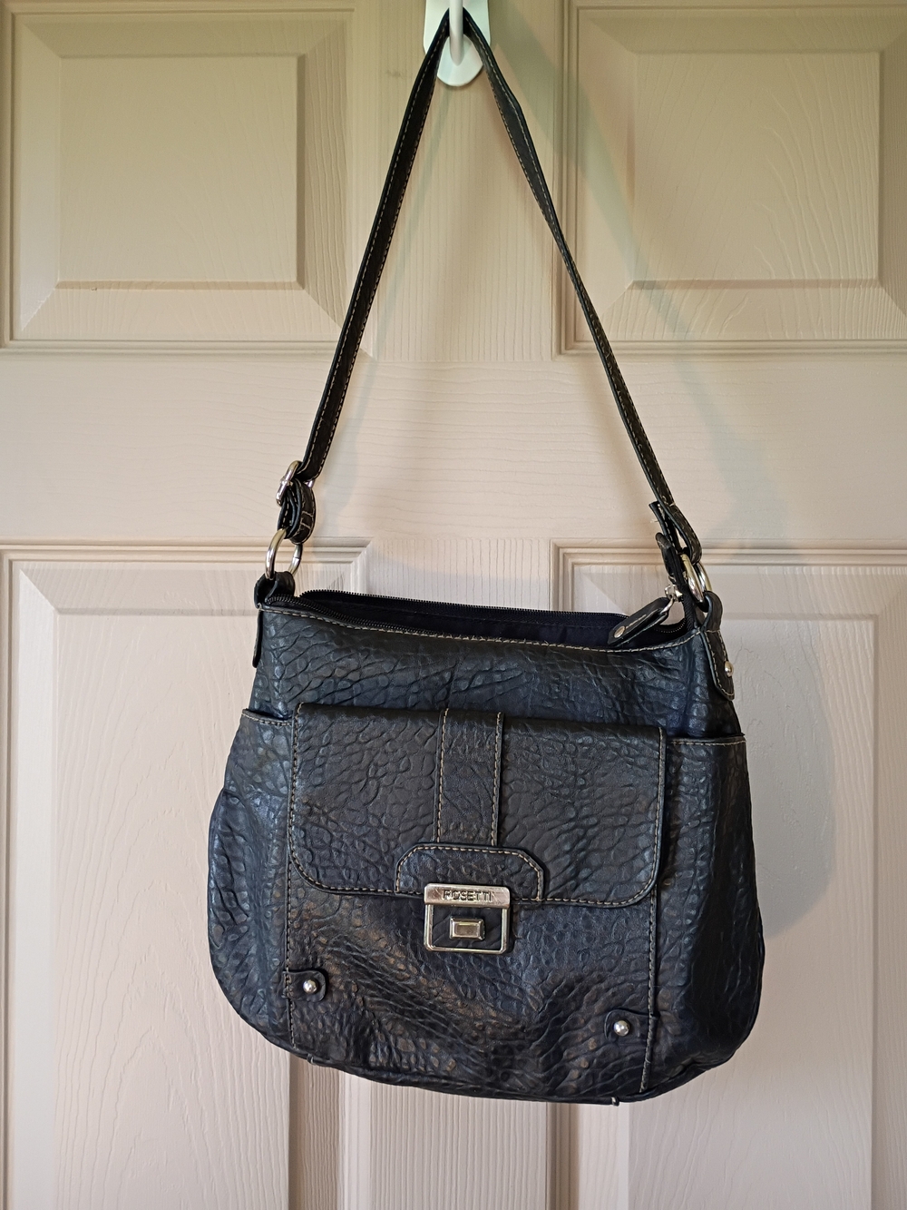 Rosetti Black Pebbled Leather Shoulder Bag with Silve Hardware